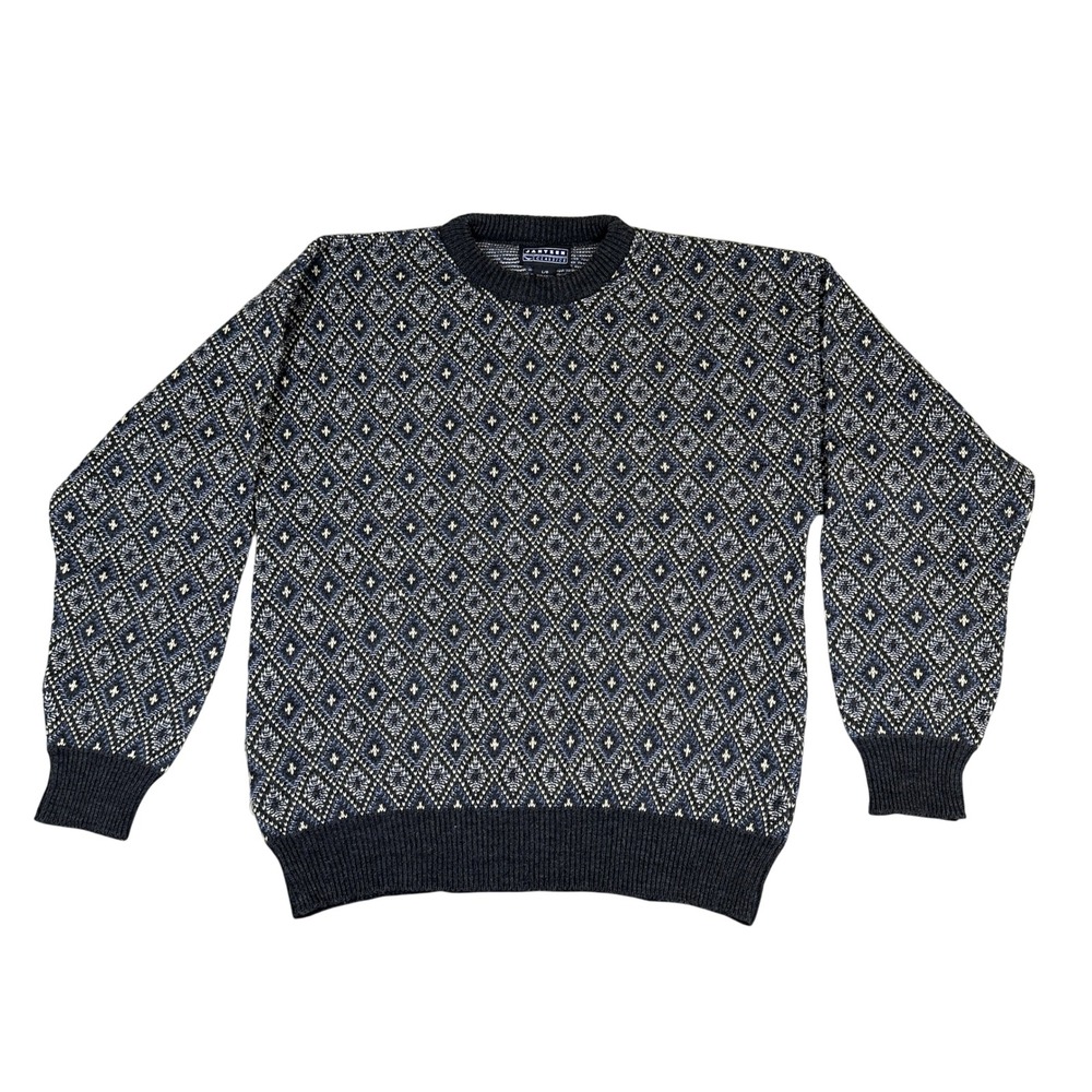 Jantzen Classics Mens Large Gray Blue Diamond Knit Crewneck Sweater Vintage